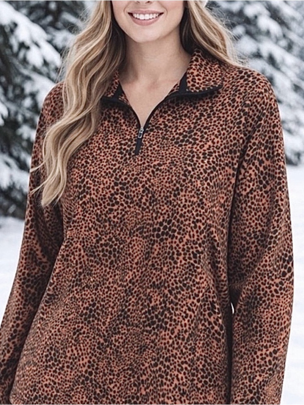 Lands’ End Animal Print Quarter Zip Fleece Pullover — Medium Tall